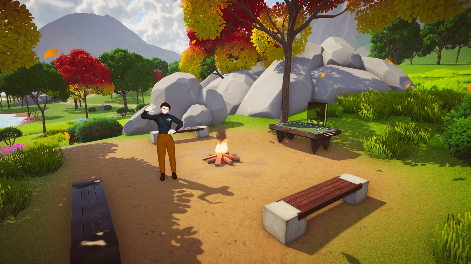 Pastor Mike's avatar waving beside a campfire in the Meta Church VR world, with a wooden bench, large boulders, red and gold autumn trees and a mountain behind.