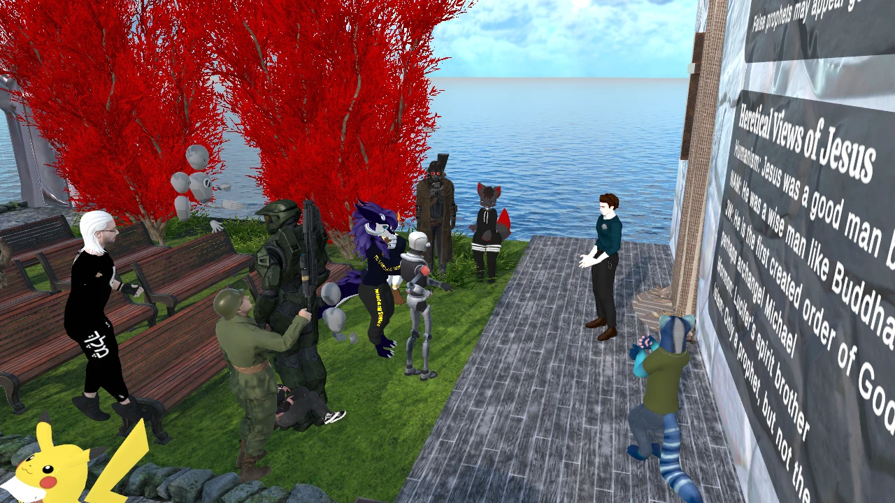 The early days: Pastor Mike teaching a small circle of avatars by the sea, including an armoured soldier, a robot and a furry character.