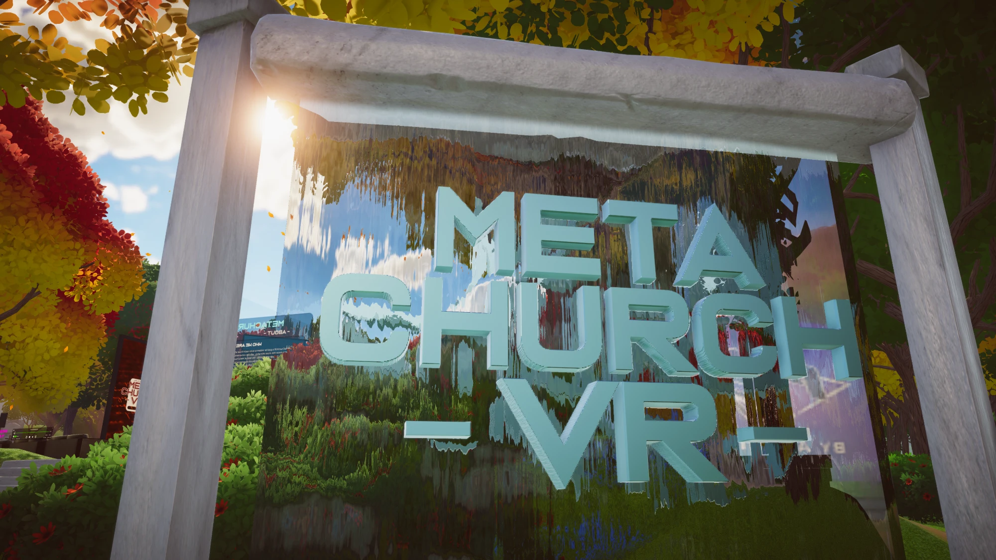 A marble-framed glass sign reading Meta Church VR in 3D letters, with the sun behind it and autumn leaves around.