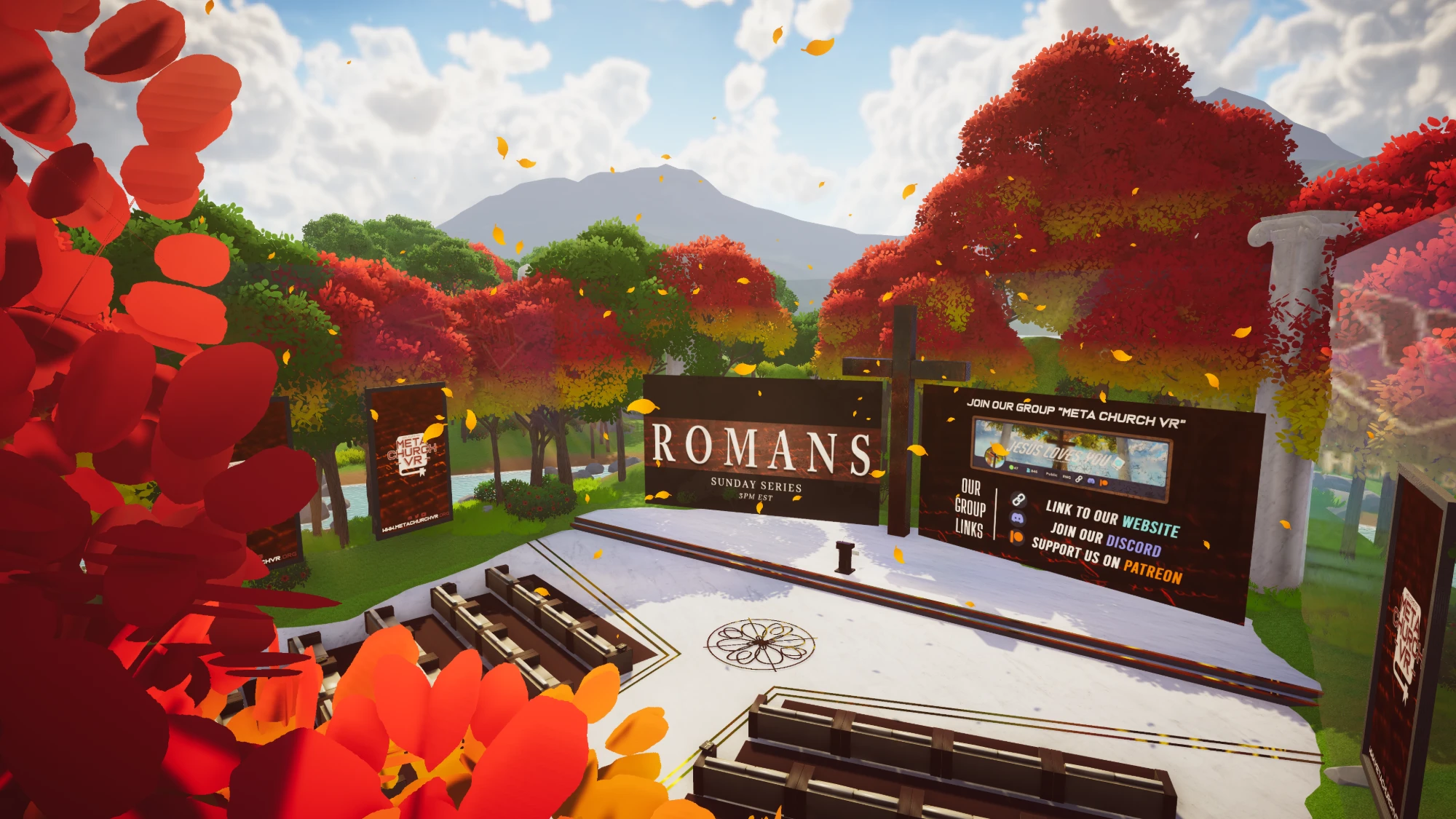 The sanctuary from above: a white marble amphitheatre with a wooden cross between two large screens, one inviting visitors to join the group Meta Church VR, framed by red autumn leaves.