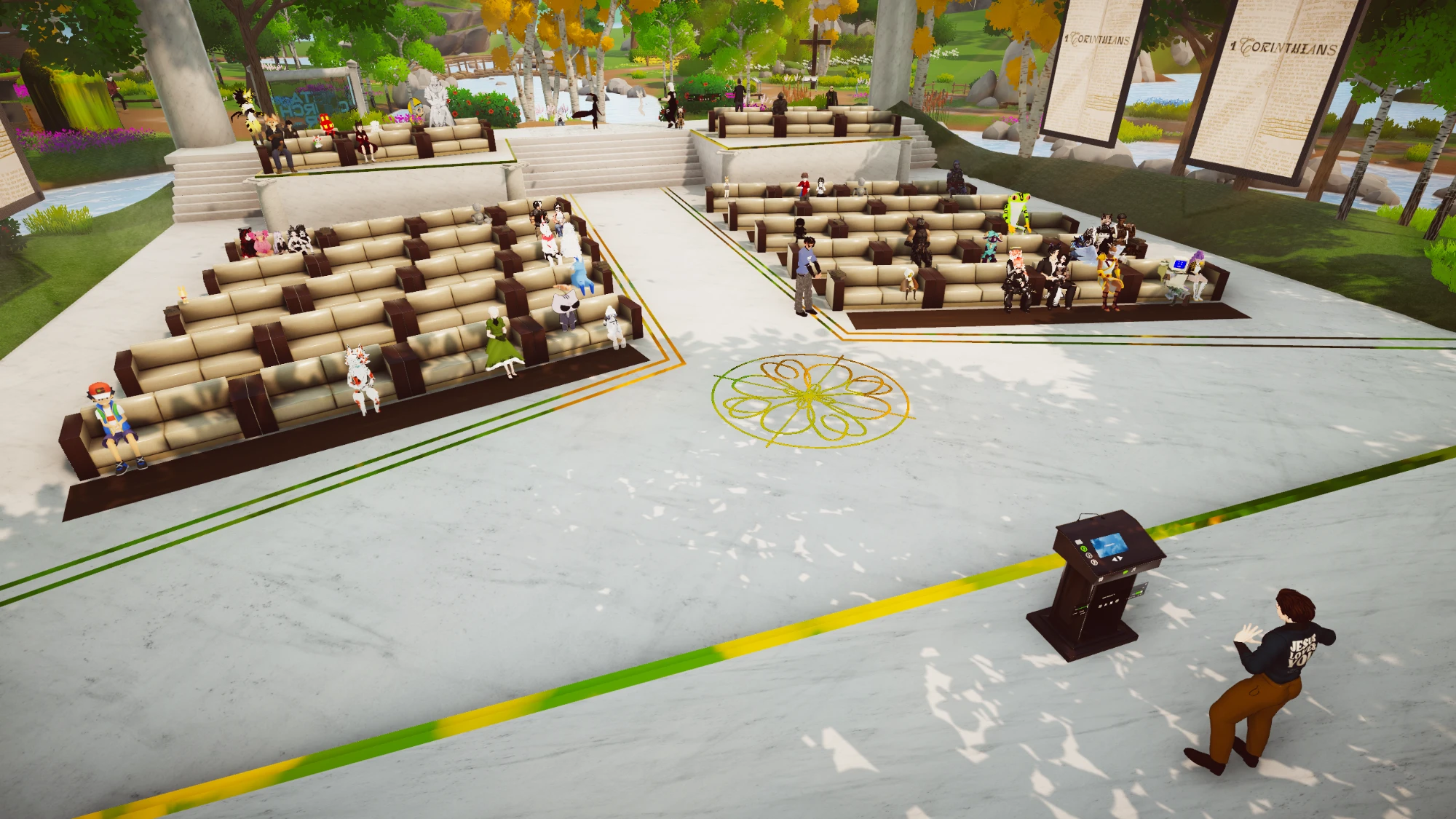 The Sanctuary from above during a service: couches filled with avatars, a gold floor emblem, Pastor Mike at the lectern and 1 Corinthians on the screens.