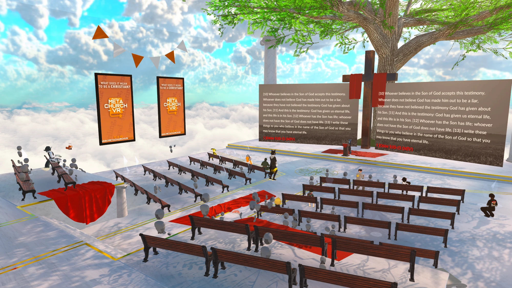 A service in our earlier above-the-clouds sanctuary: avatars seated in wooden pews facing a wooden cross under a tree, with a passage from 1 John on the screens and orange Meta Church VR banners.