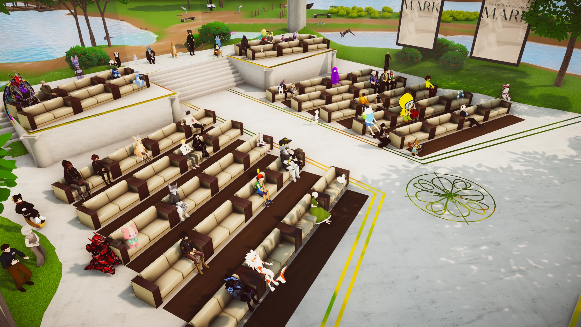 A service seen from above: tiers of leather couches around the Sanctuary filled with avatars of every kind, with screens reading A Study in the Gospel of Mark, lawns and water beyond.