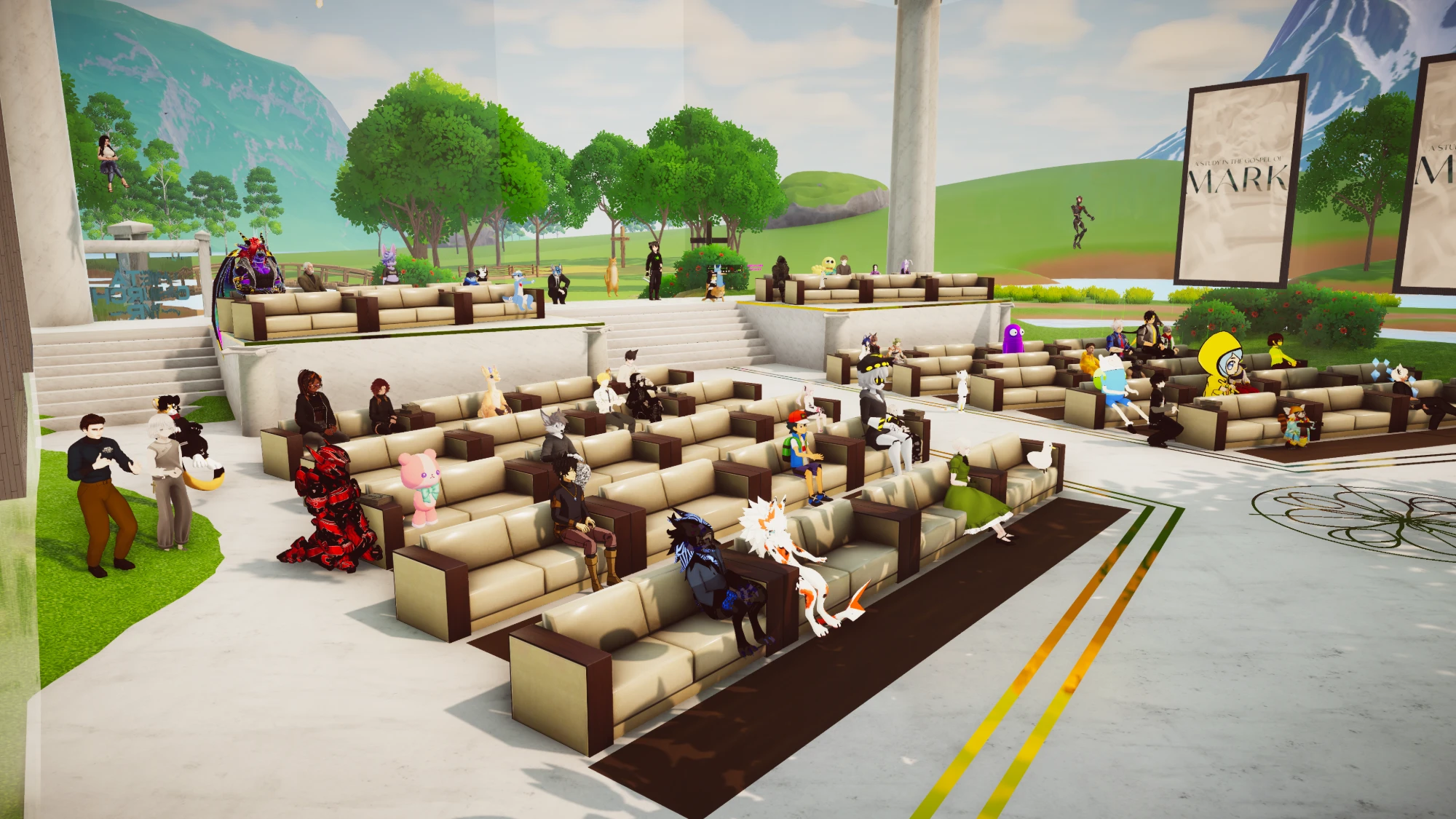 A service in the Sanctuary: rows of leather couches filled with avatars of every kind, and screens reading A Study in the Gospel of Mark, with green hills and mountains behind.