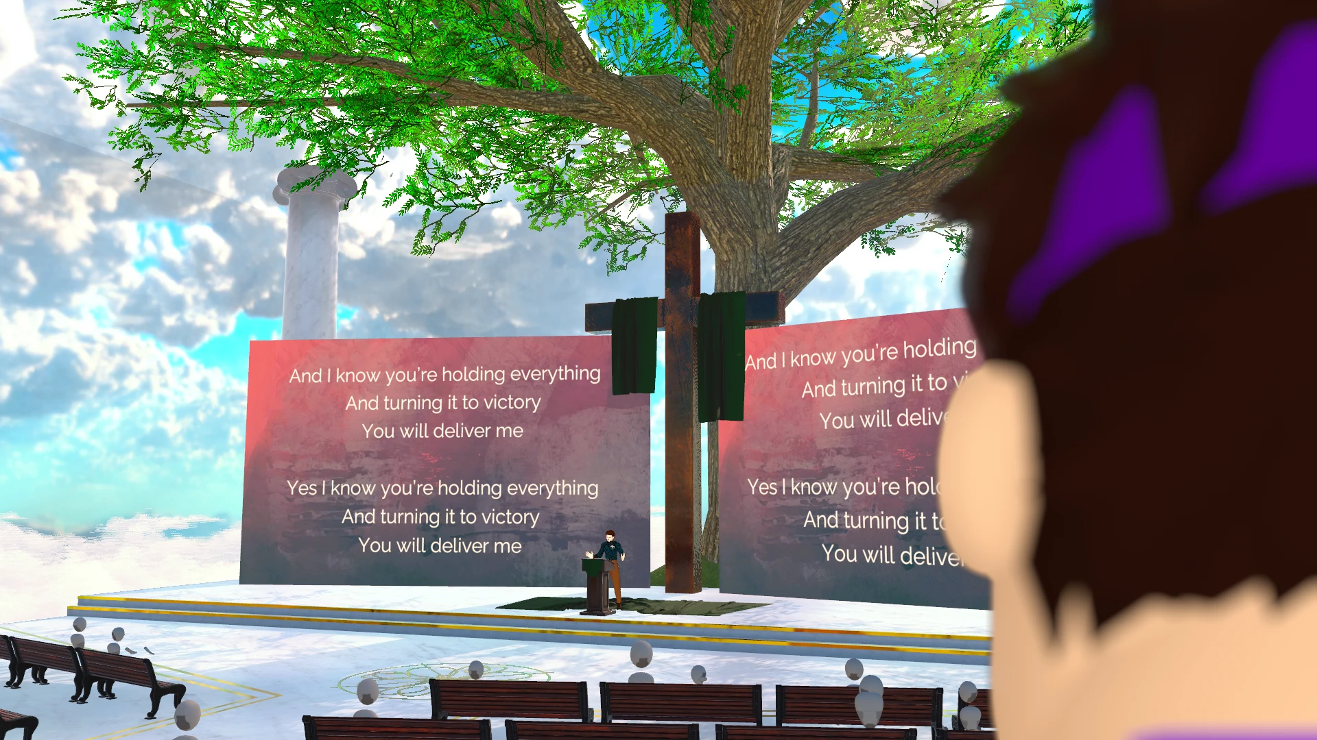 A worship gathering in the Meta Church VR world: a large tree and a wooden cross between red screens showing worship lyrics, with an attendee silhouetted on the right.